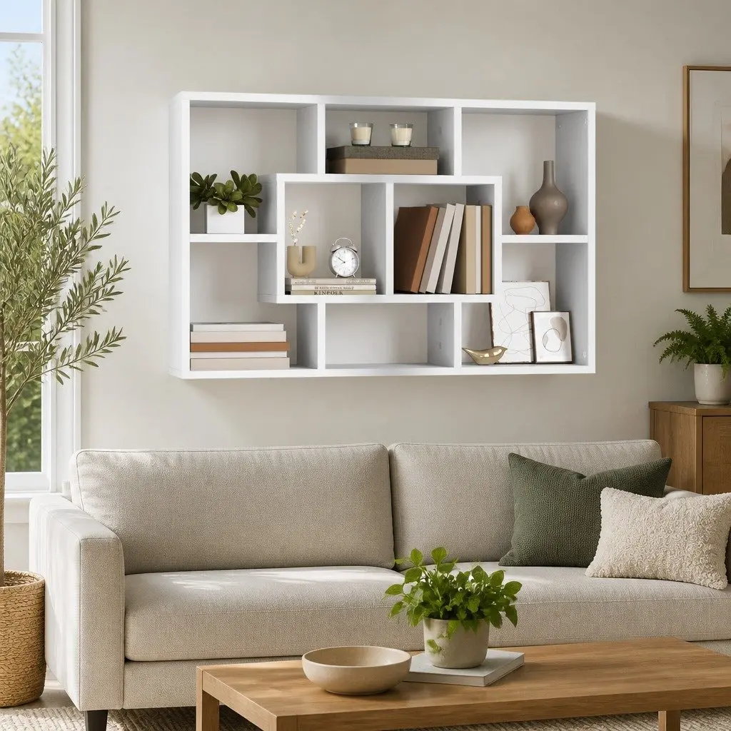 Wall Shelf White Floating Storage Eight Compartments Engineered Wood