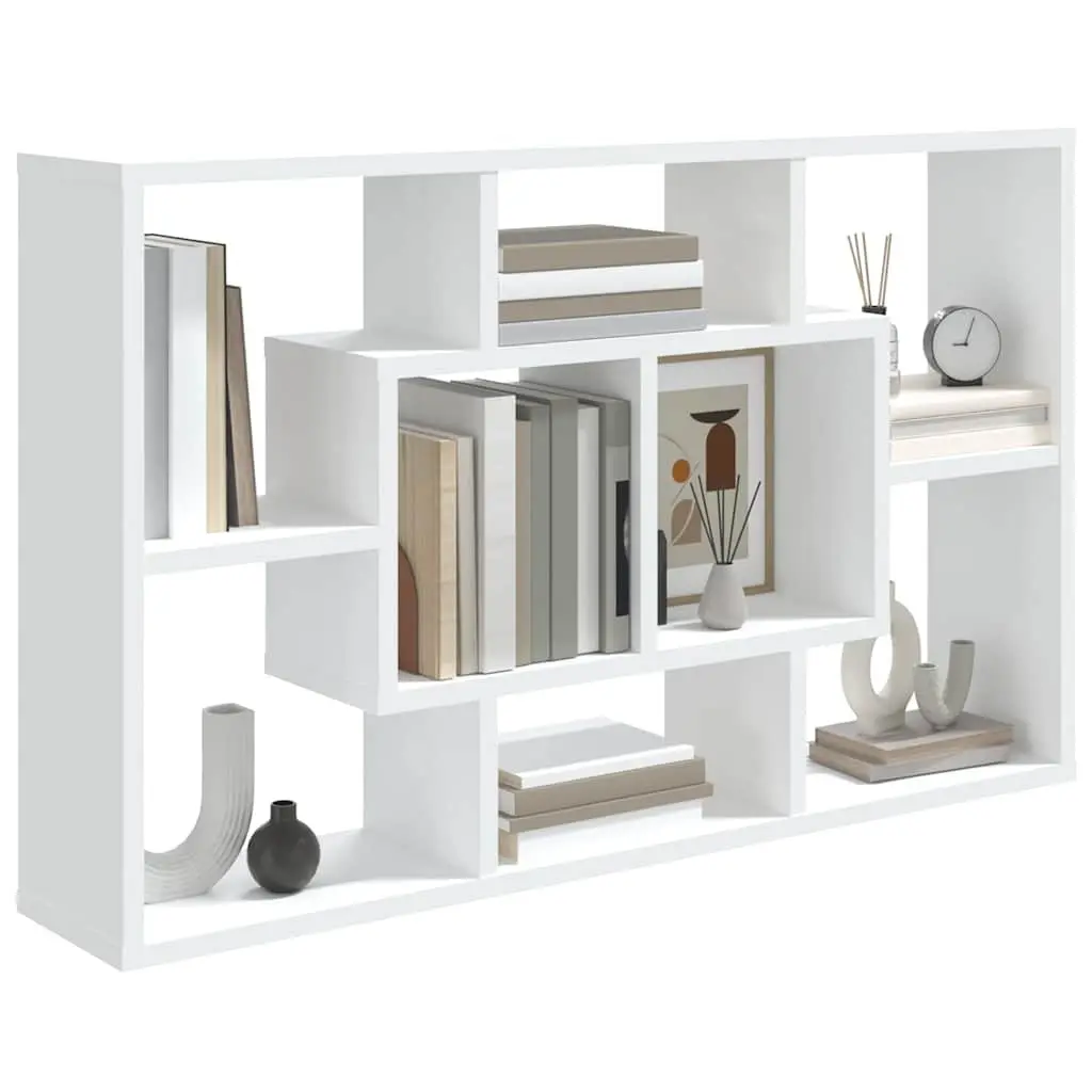 Wall Shelf White Floating Storage Eight Compartments Engineered Wood