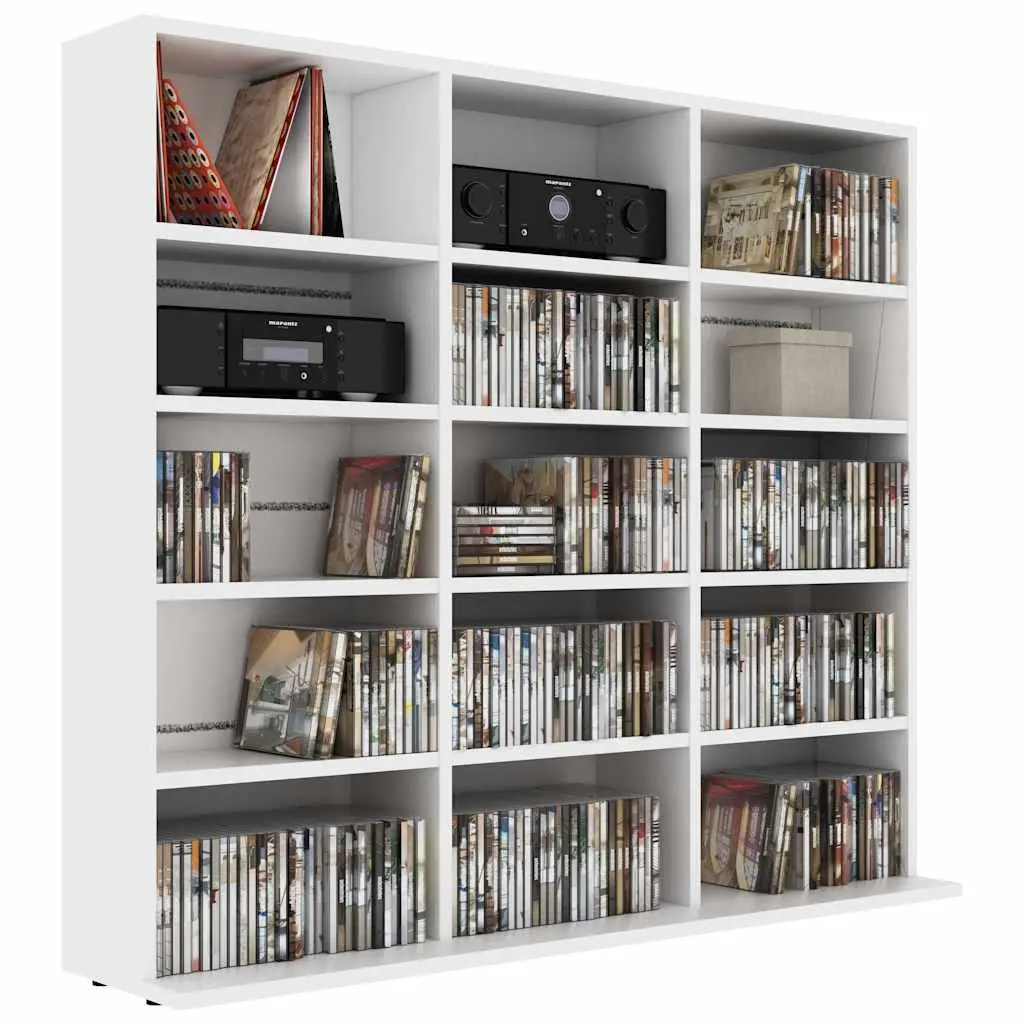 CD Cabinet White Storage Media Organiser 100x23x89.5 cm Engineered Wood Shelves