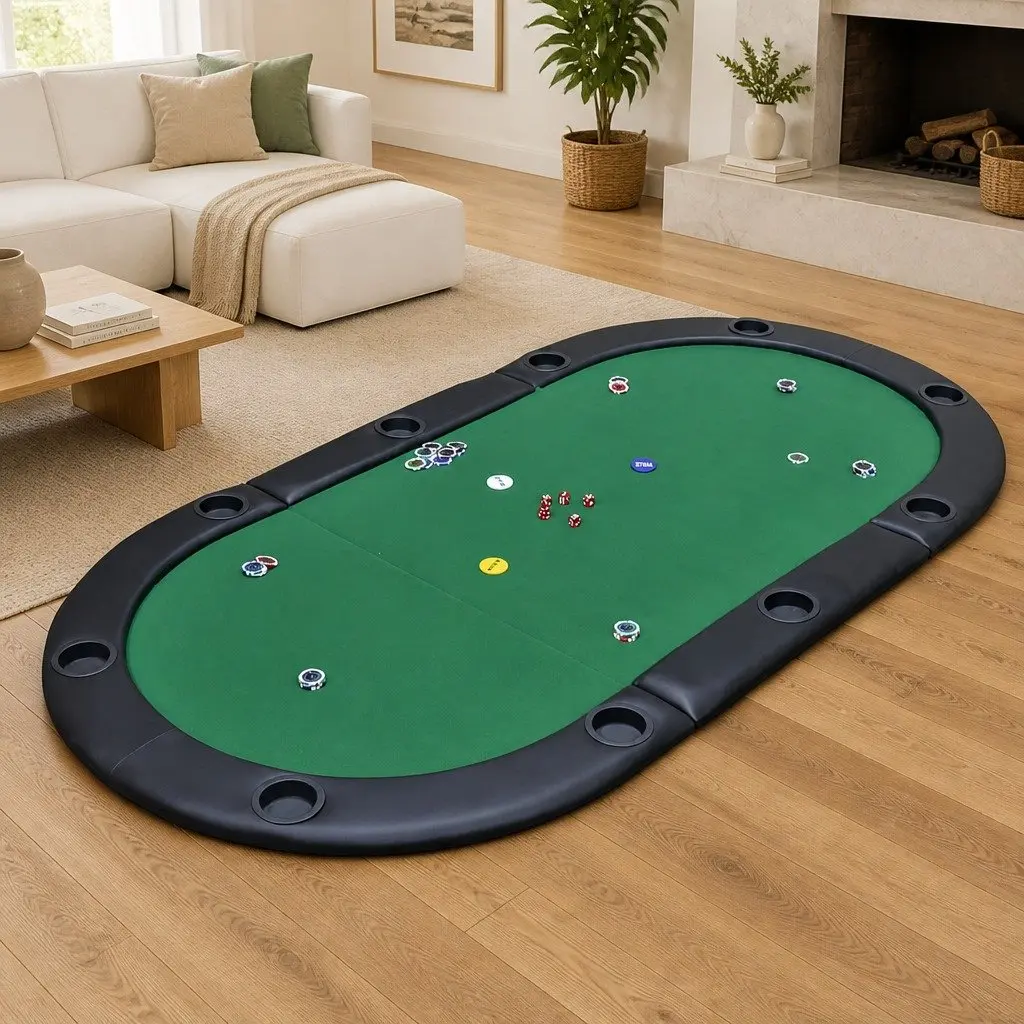 Poker Tabletop Foldable Green Racetrack for 10 Players with Cup Holders