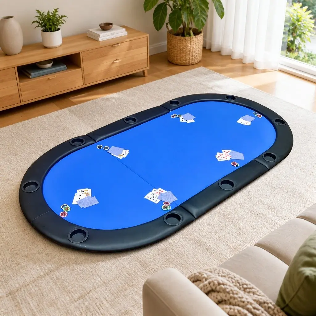 Poker Tabletop 10 Player Foldable Racetrack Blue Padded Playing Surface