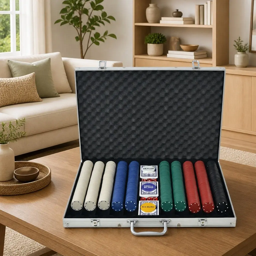 Poker Set Casino Game 1000 Chips 3 Decks Cards 6 Dice Aluminium Case