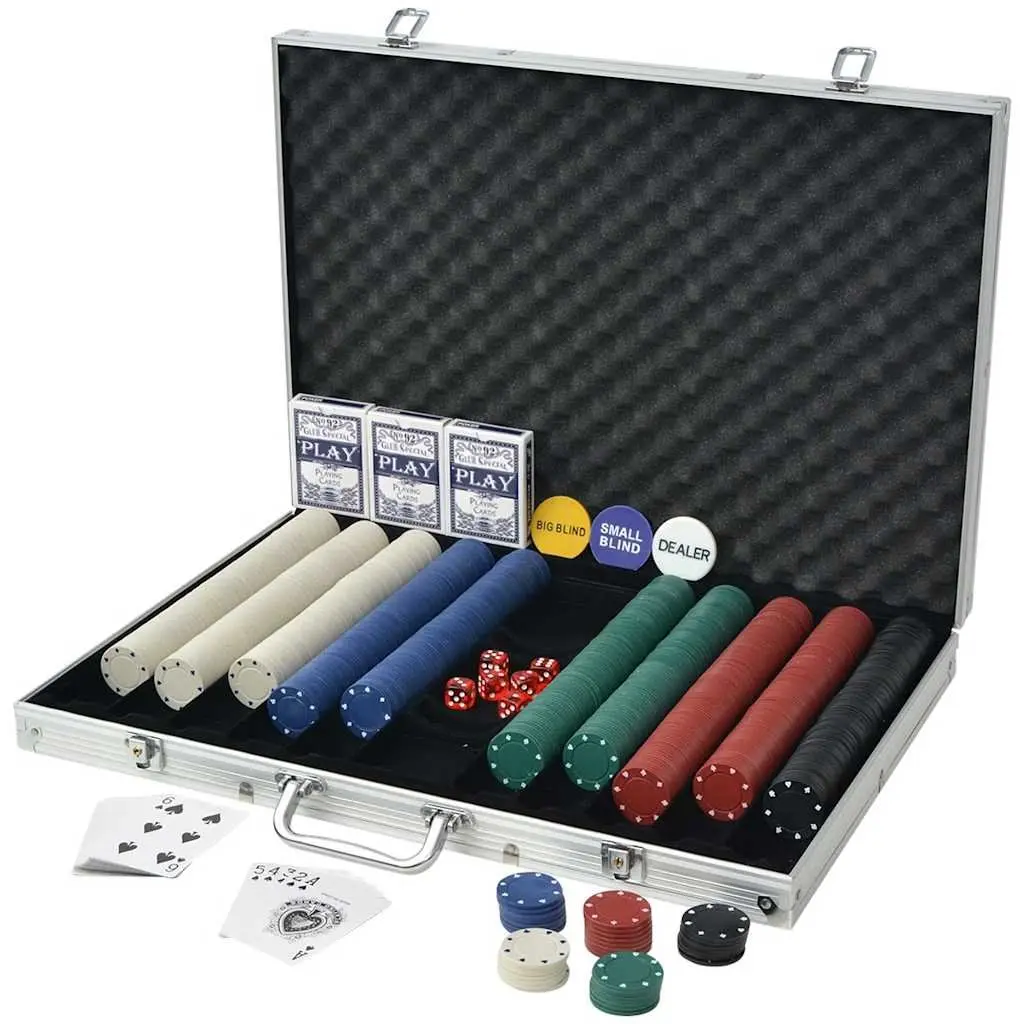 Poker Set Casino Game 1000 Chips 3 Decks Cards 6 Dice Aluminium Case