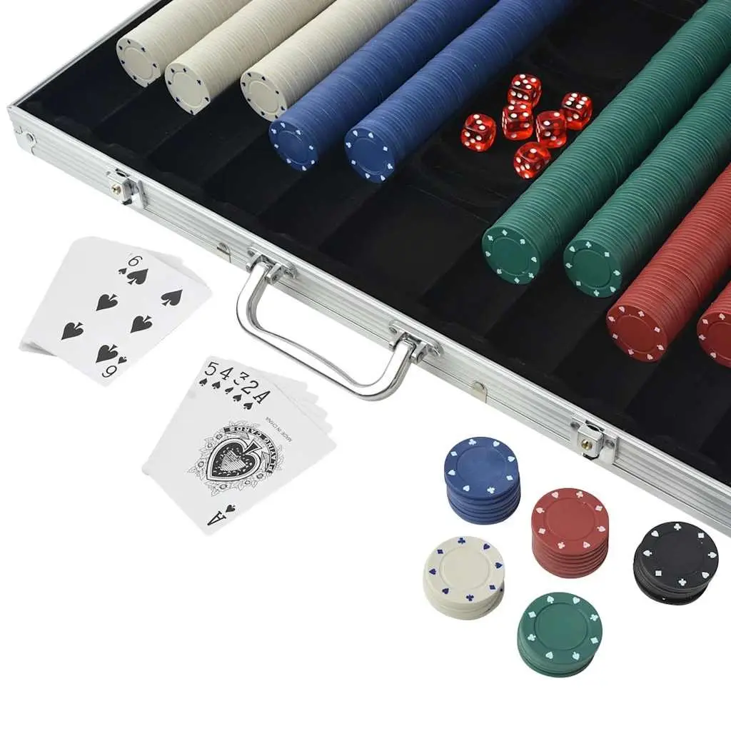 Poker Set Casino Game 1000 Chips 3 Decks Cards 6 Dice Aluminium Case