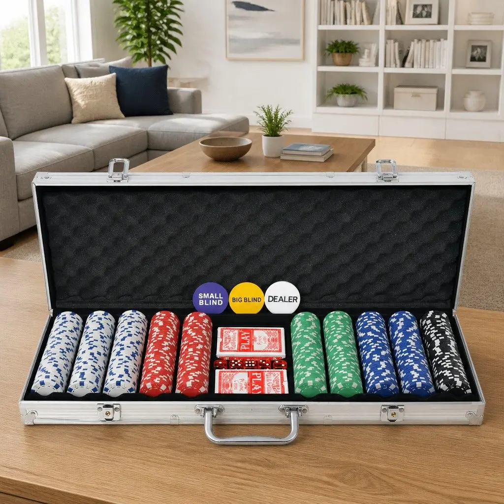 Poker Set 500 Chips Playing Cards Dice Buttons Aluminium Case