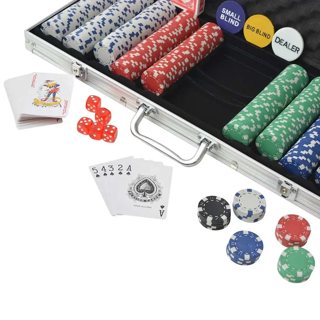 Poker Set 500 Chips Playing Cards Dice Buttons Aluminium Case