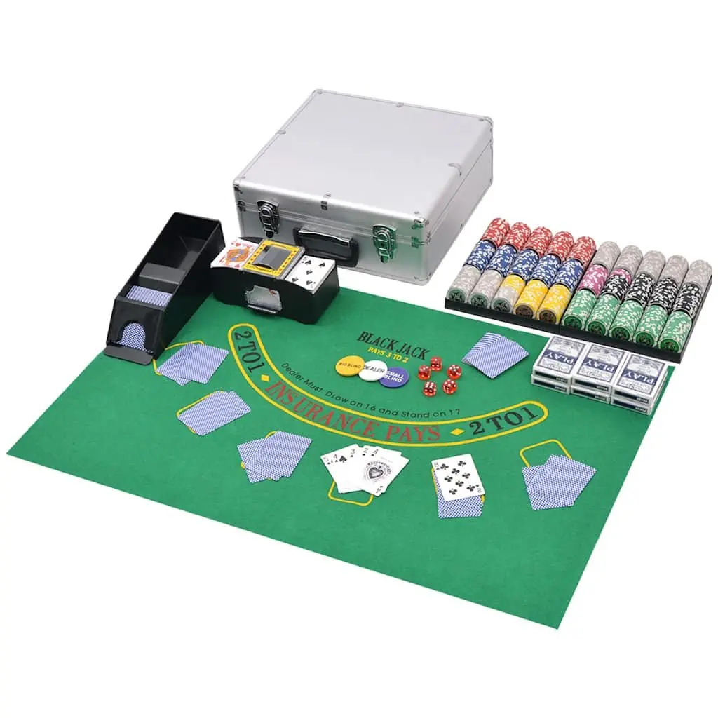 Poker Gaming Set 600 Laser Chips 6 Decks Cards 5 Dice Aluminium Case