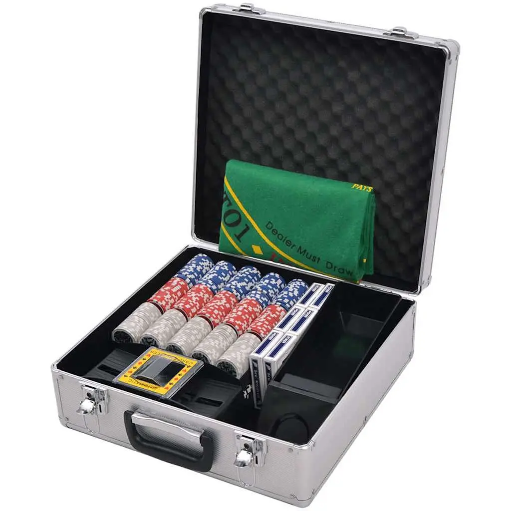 Poker Gaming Set 600 Laser Chips 6 Decks Cards 5 Dice Aluminium Case