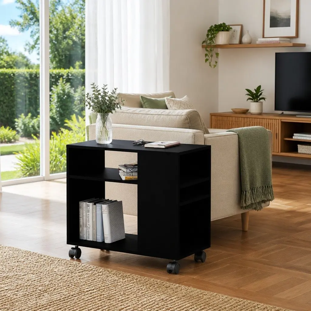 End Table Black Accent Side Table with Wheels Living Room Furniture Storage