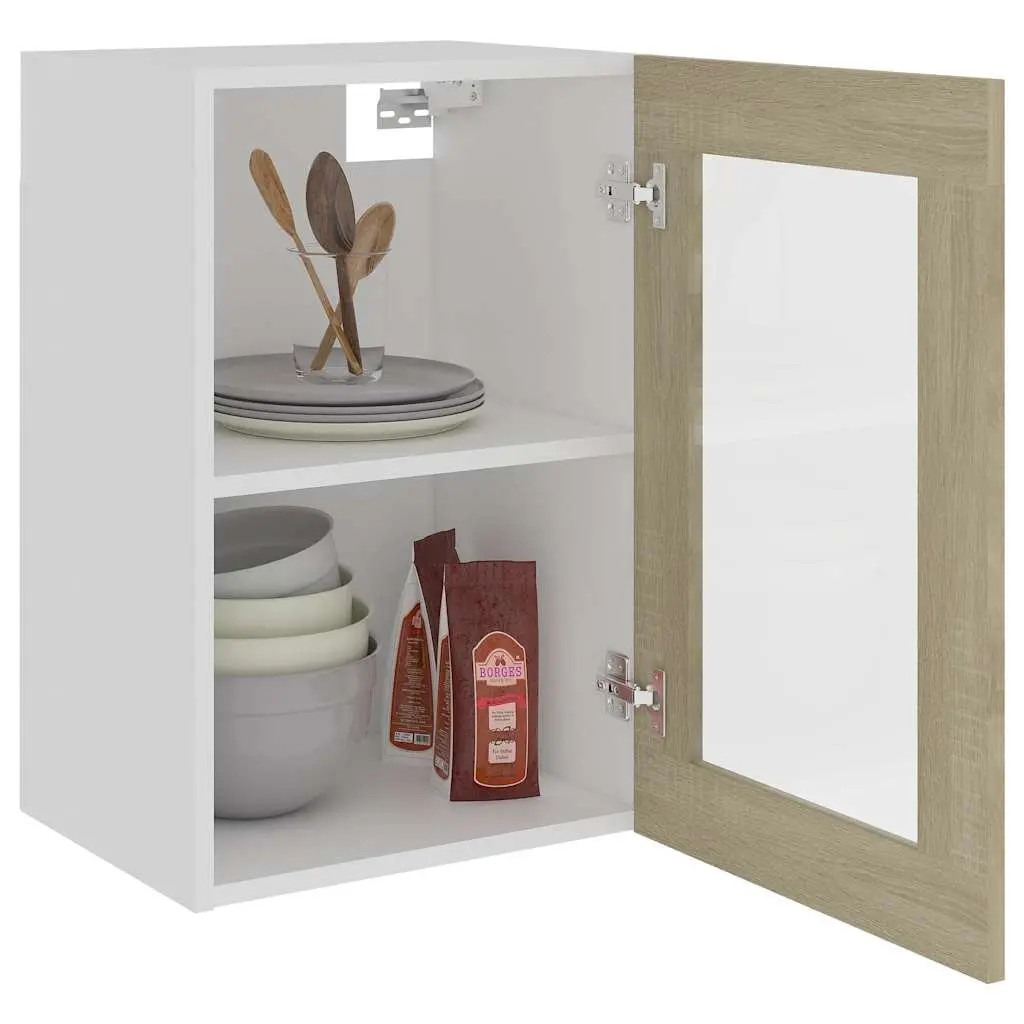 Hanging Glass Cabinet Kitchen Storage Organizer Brown Shelves Engineered Wood