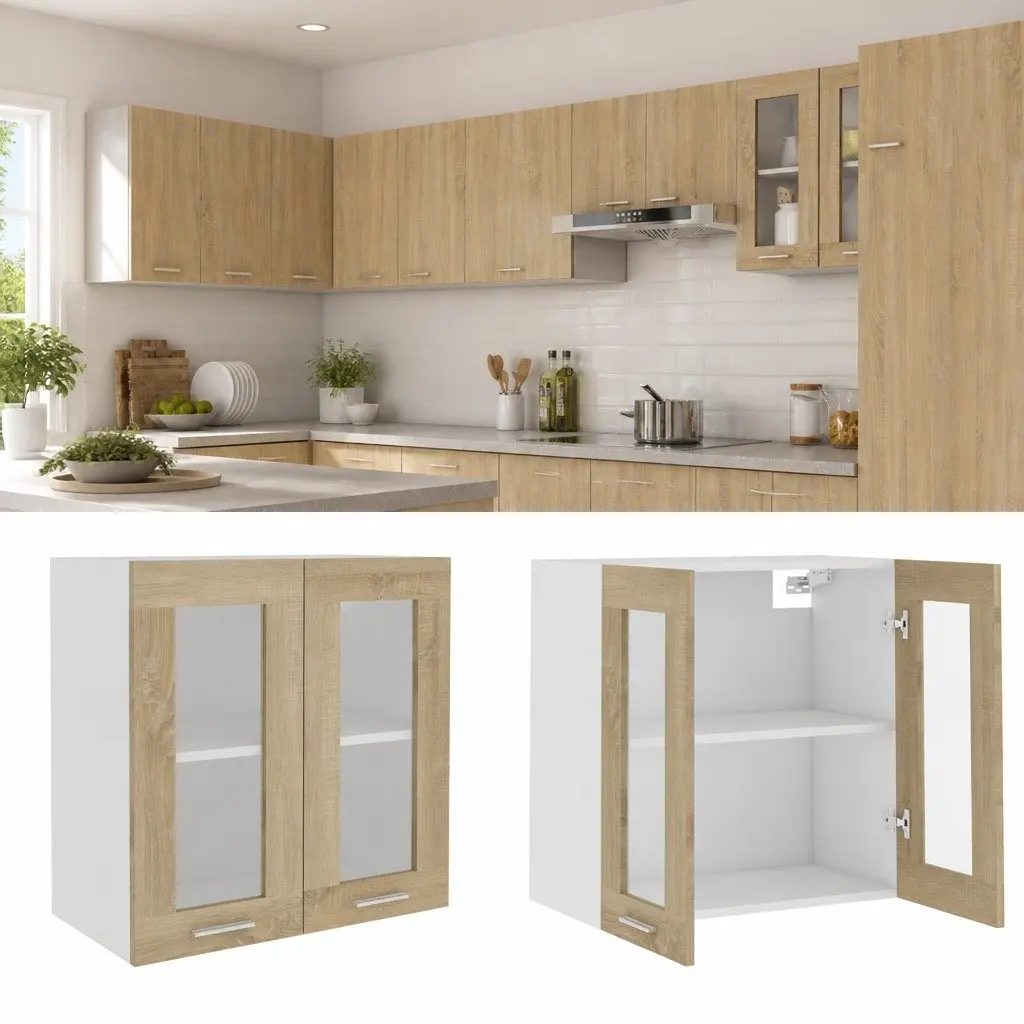 Brown Kitchen Cabinet with Glass Doors