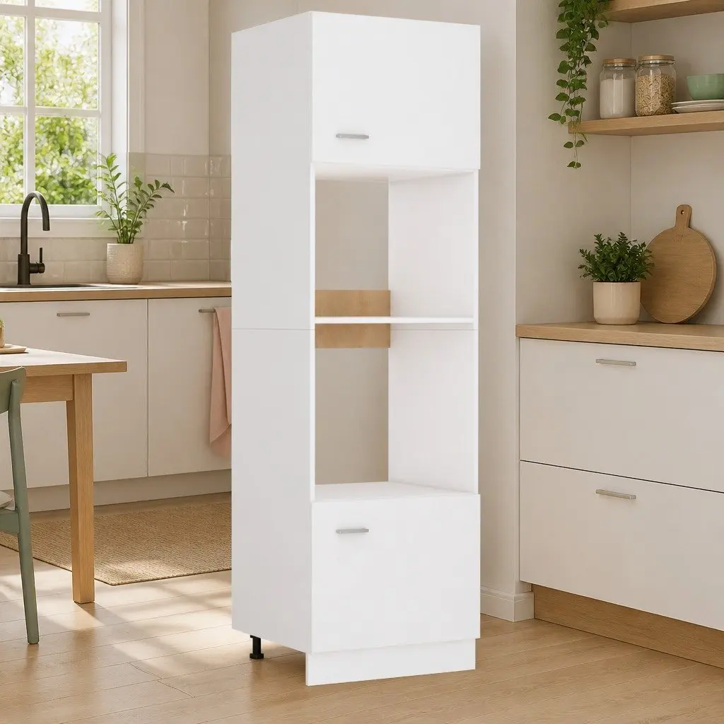 Microwave Cabinet Kitchen Storage Cupboard 60x57x207cm White 4 Shelves 2 Doors