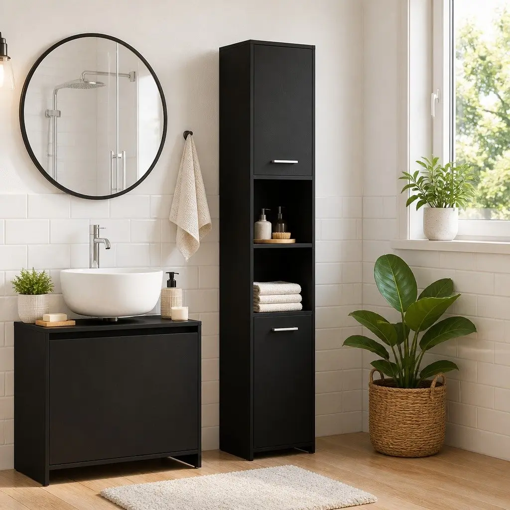 Bathroom Cabinet Black 30x30x183.5cm Storage Unit Vanity Cupboard Shelving