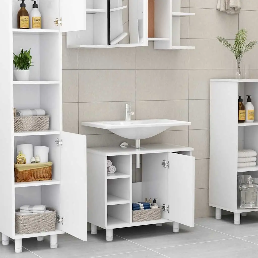 Bathroom Storage Cabinet White Engineered Wood Cupboard 7 Compartments Door