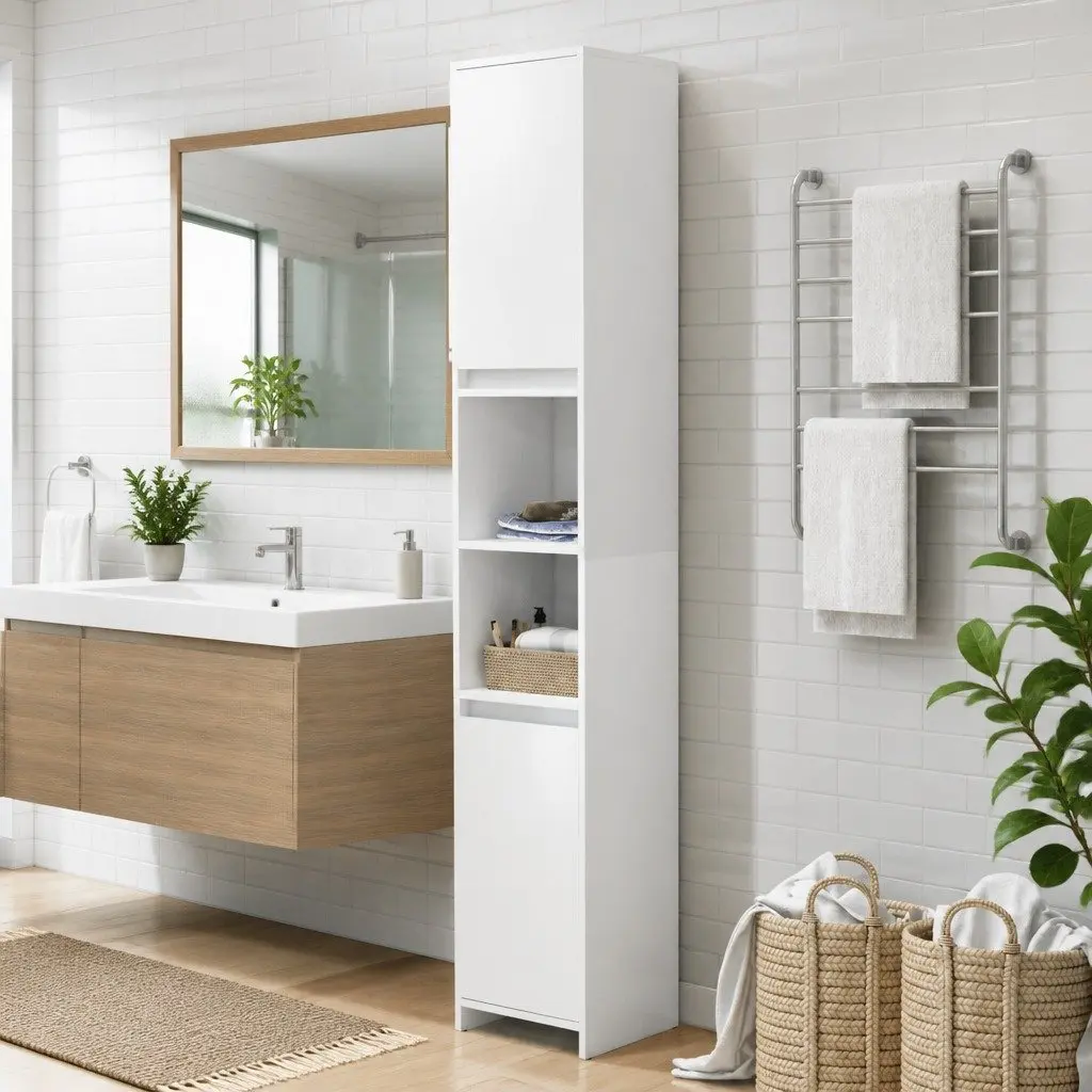 Bathroom Cabinet White Storage 6 Compartments 2 Doors Engineered Wood Cupboard