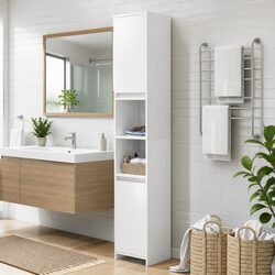 Bathroom Cabinet White Storage 6 Compartments 2 Doors Engineered Wood Cupboard