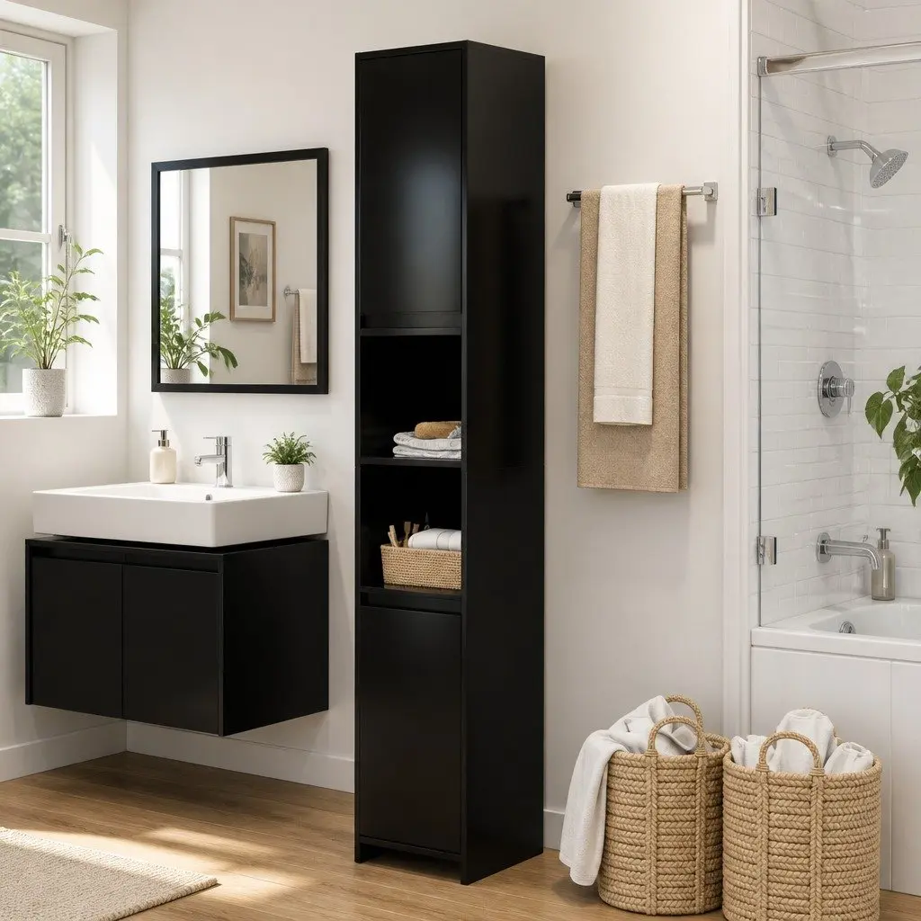 Bathroom Cabinet Black Engineered Wood 30x30x183.5cm 6 Compartments 2 Doors