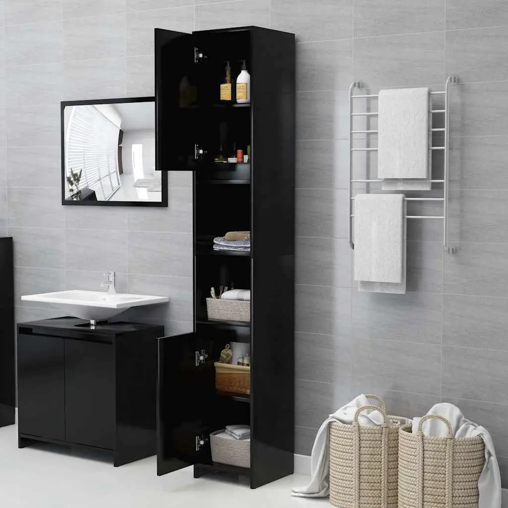Bathroom Cabinet Black Engineered Wood 30x30x183.5cm 6 Compartments 2 Doors