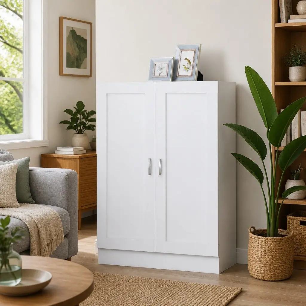 White Book Cabinet Storage Shelving Unit with Doors and Compartments