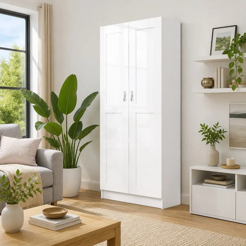 Book Cabinet Storage Shelf 5 Compartments 2 Doors White Home Office