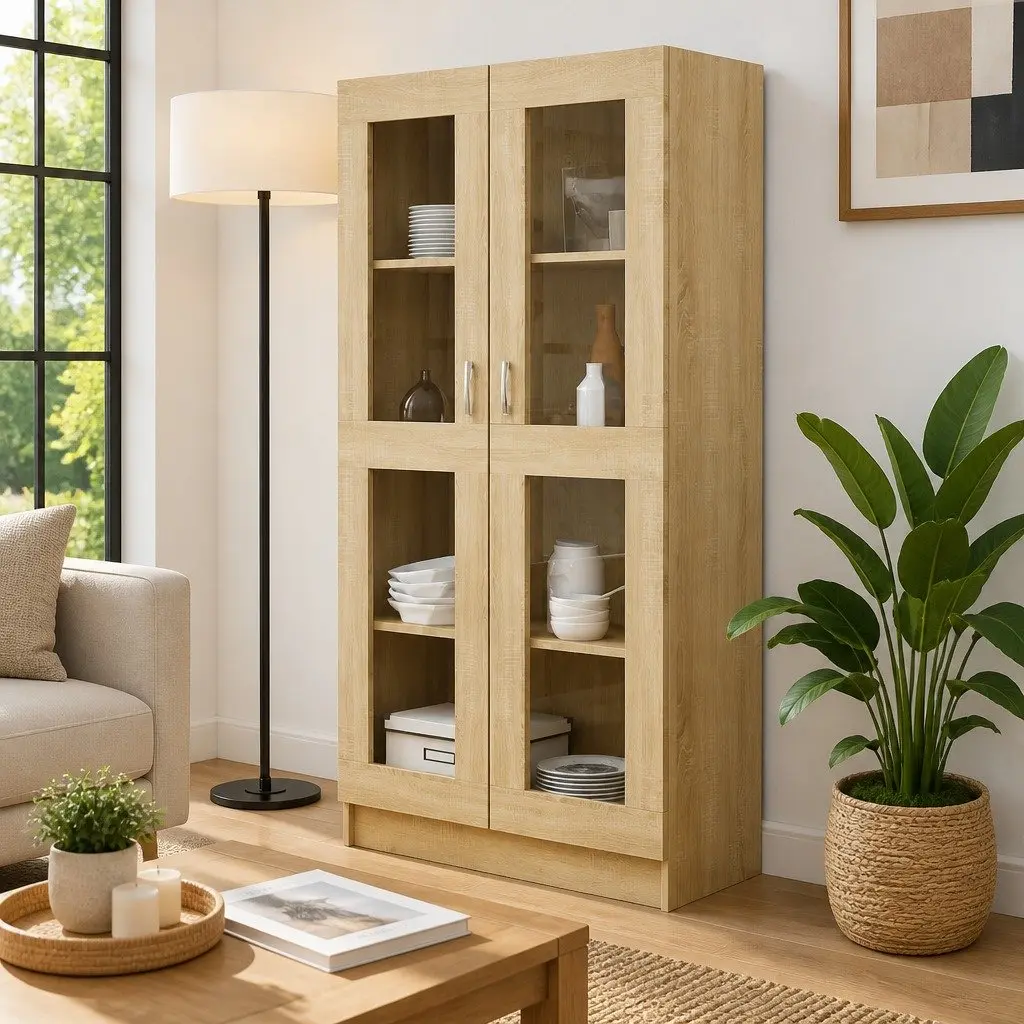 Vitrine Display Cabinet 82.5x30.5x150cm Brown Engineered Wood Bookcase Storage