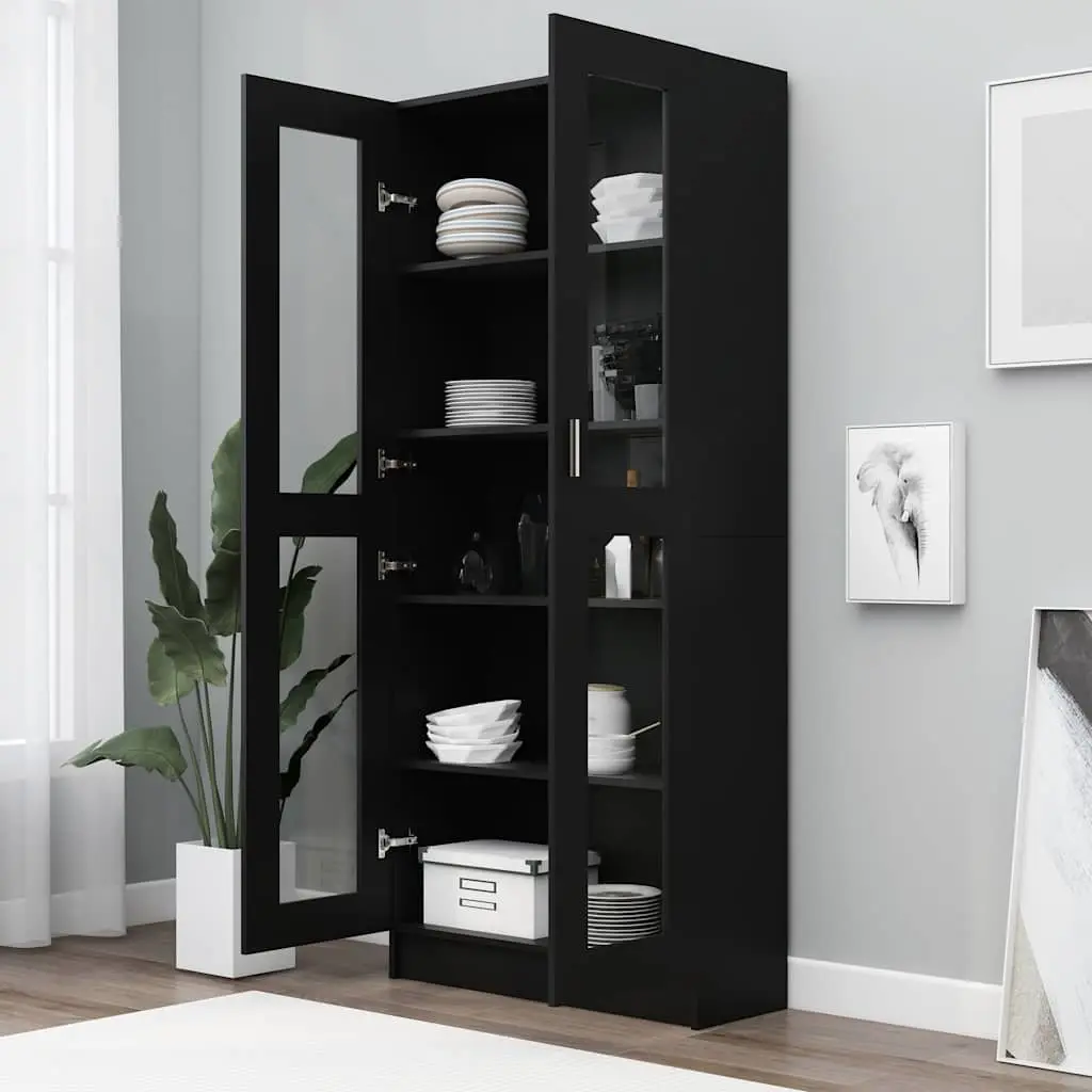 Display Cabinet Black 82.5x30.5x185cm Engineered Wood Vitrine 5 Compartments