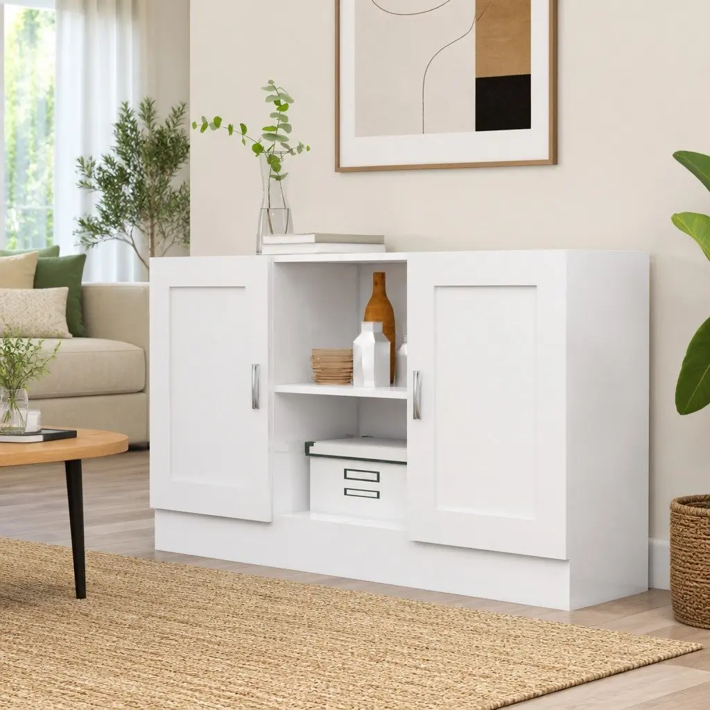 Sideboard Storage Cabinet 120cm White 2 Doors Compartments Engineered Wood