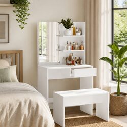 White Vanity Table with Mirror and Storage