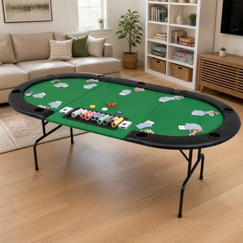 Folding Poker Table 9 Player Oval Gaming Green Padded Dealer Tray Cup Holders