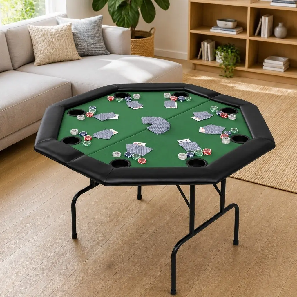 Octagonal Folding Poker Table Green 8 Player Padded Rim Game Surface with Cup Holders