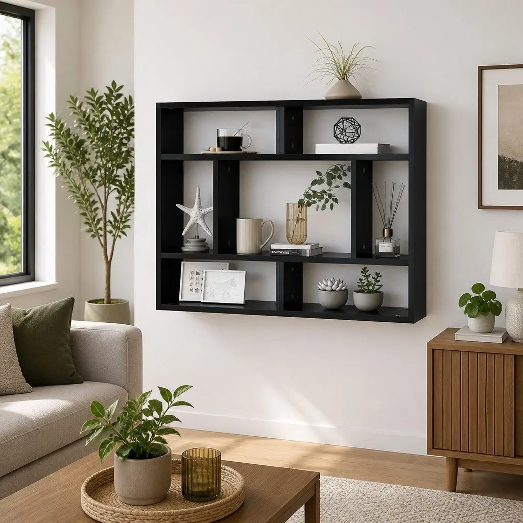 Black Wall Shelf Open Storage Unit with Compartments 75cm x 16cm x 55cm