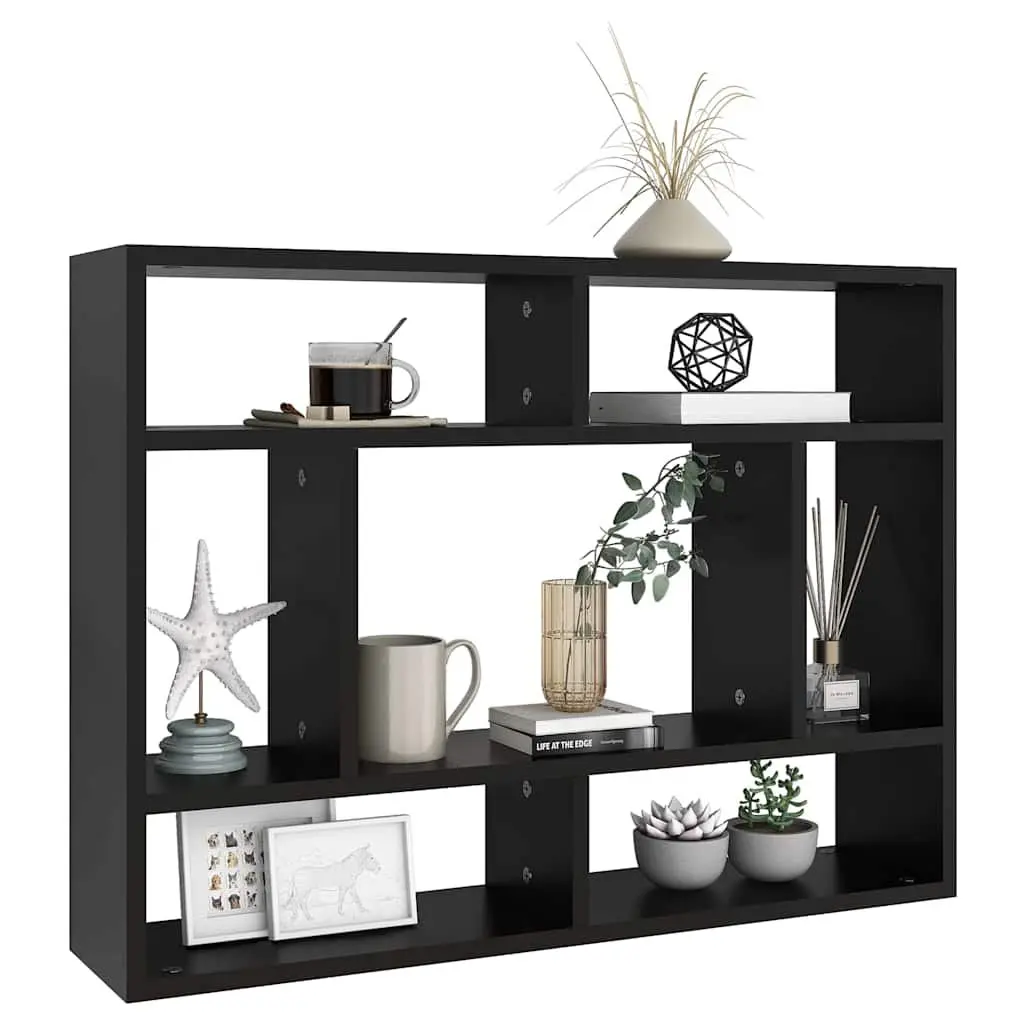 Black Wall Shelf Open Storage Unit with Compartments 75cm x 16cm x 55cm