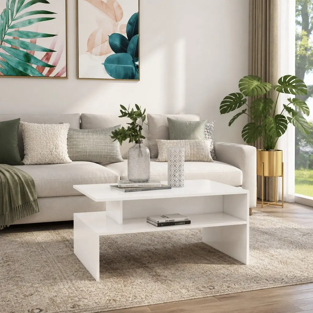 Coffee Table Modern Living Room Storage Shelf 90W x 60D x 42.5H cm White
