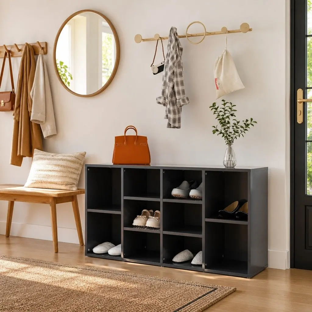 Shoe Bench Storage Organiser Grey 10 Shelves Wardrobe Cabinet Rack