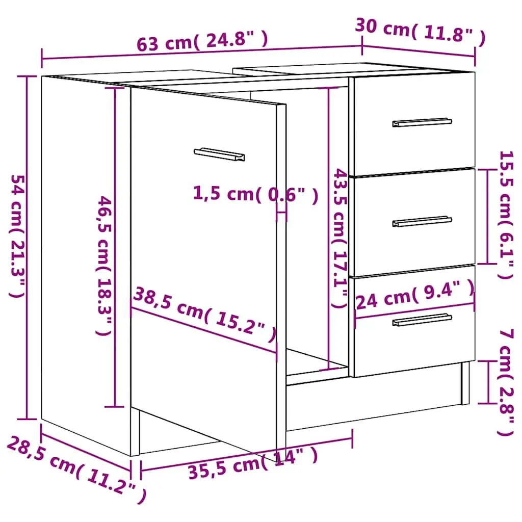 Bathroom Sink Cabinet White Engineered Wood Vanity Unit 63W x 30D x 54H cm