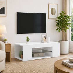 Reliable White TV Cabinet with LED Lighting and Storage