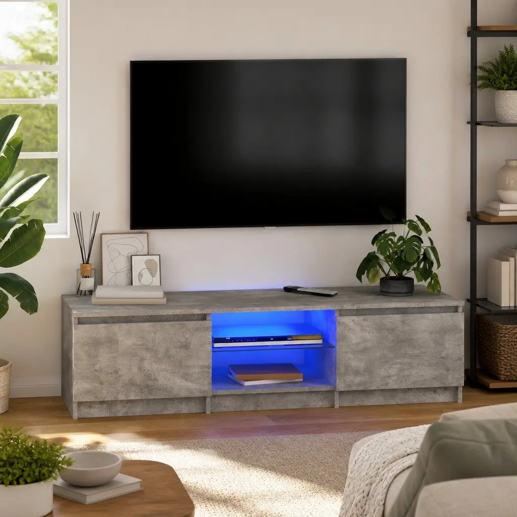TV Cabinet Grey Storage Unit with LED Lights 140cm