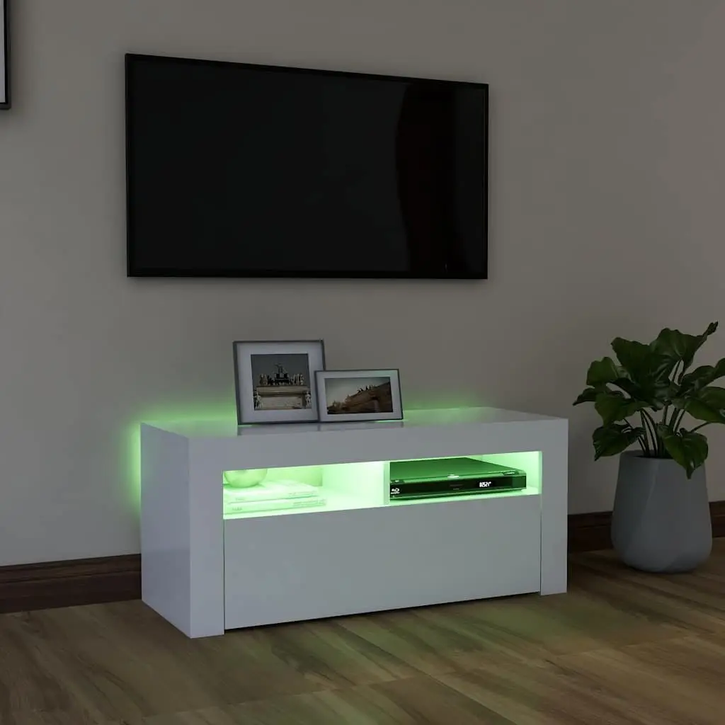 TV Cabinet White LED Lights Storage Unit Modern Media Console Entertainment
