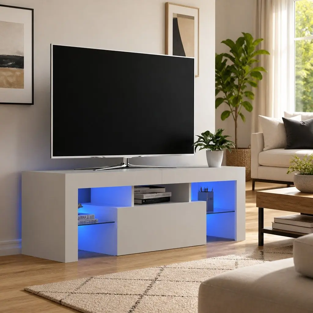 TV Cabinet with RGB LED Lights White Modern Living Room Media Stand Storage Unit