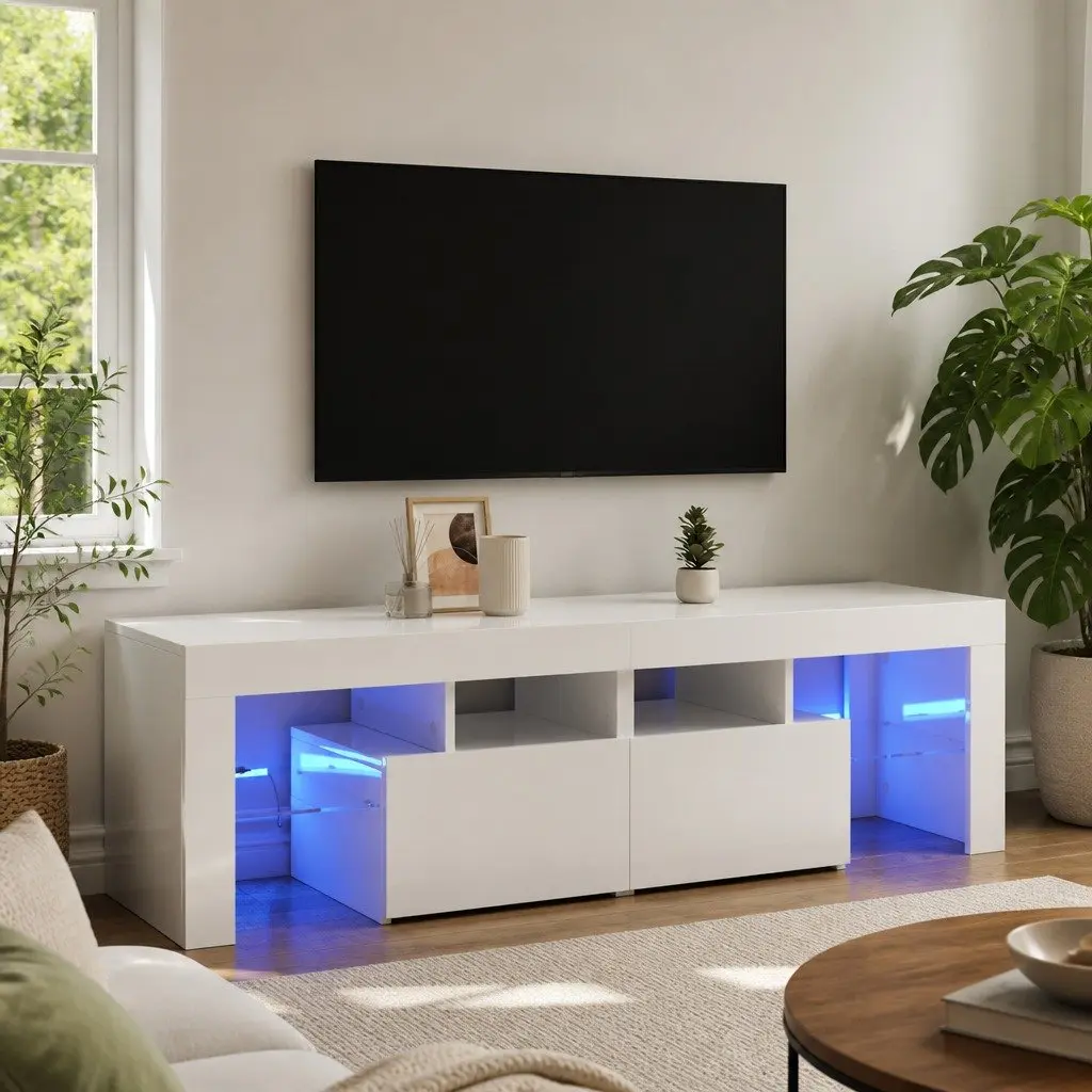 TV Cabinet RGB LED Lights Modern Storage Unit 140cm High Gloss White