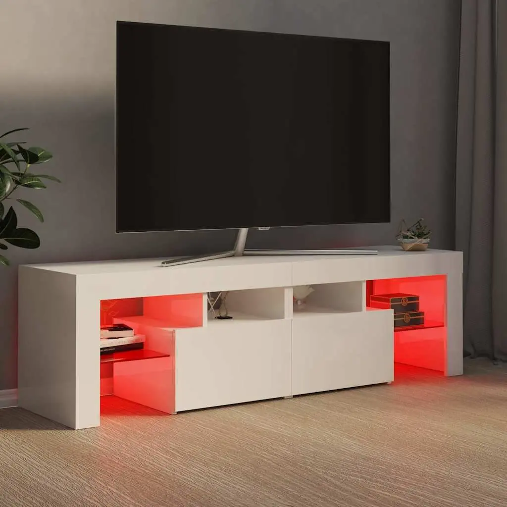 TV Cabinet RGB LED Lights Modern Storage Unit 140cm High Gloss White