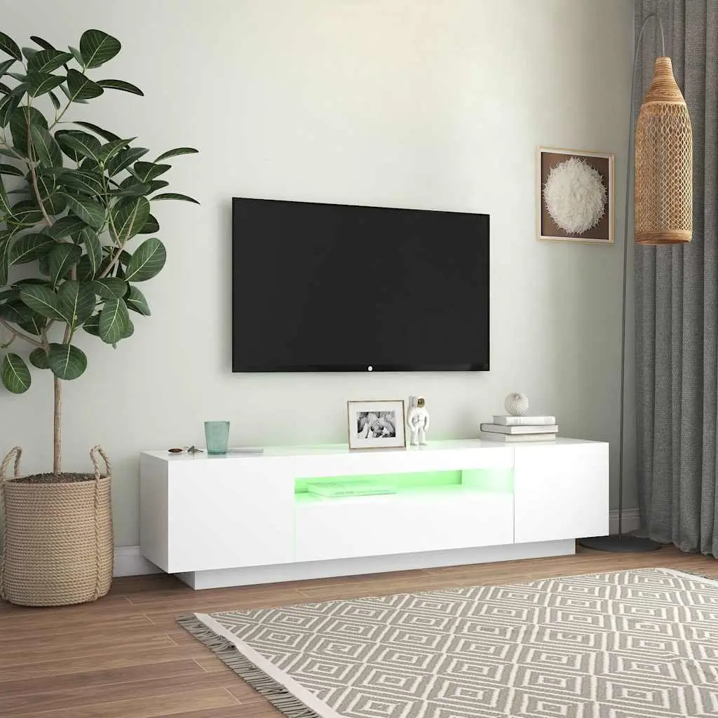 TV Cabinet LED Lights White Floating Shelves Modern Entertainment Unit 160x35x40cm