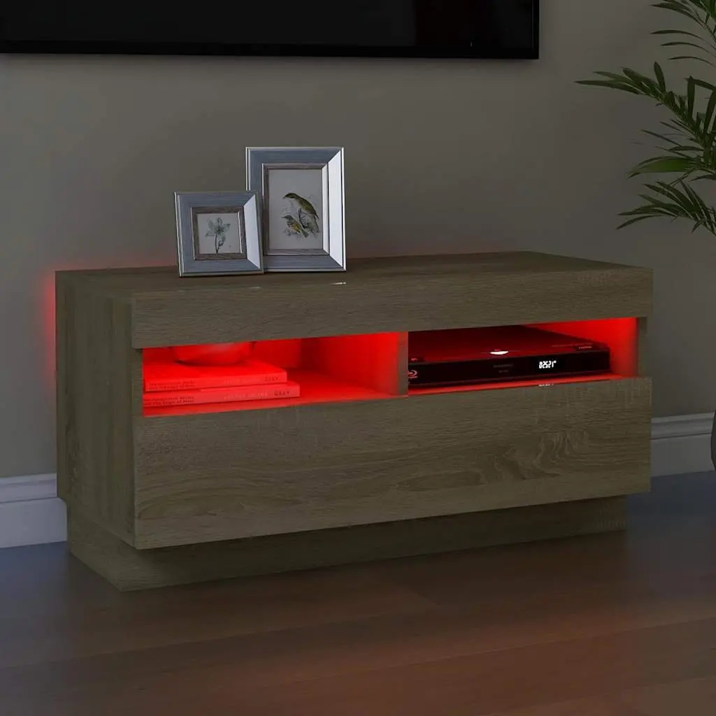 TV Cabinet RGB LED Lights Media Entertainment Stand Brown Wooden Storage 80 x 35 x 40 cm