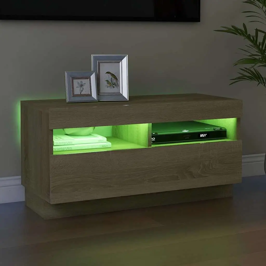 TV Cabinet RGB LED Lights Media Entertainment Stand Brown Wooden Storage 80 x 35 x 40 cm