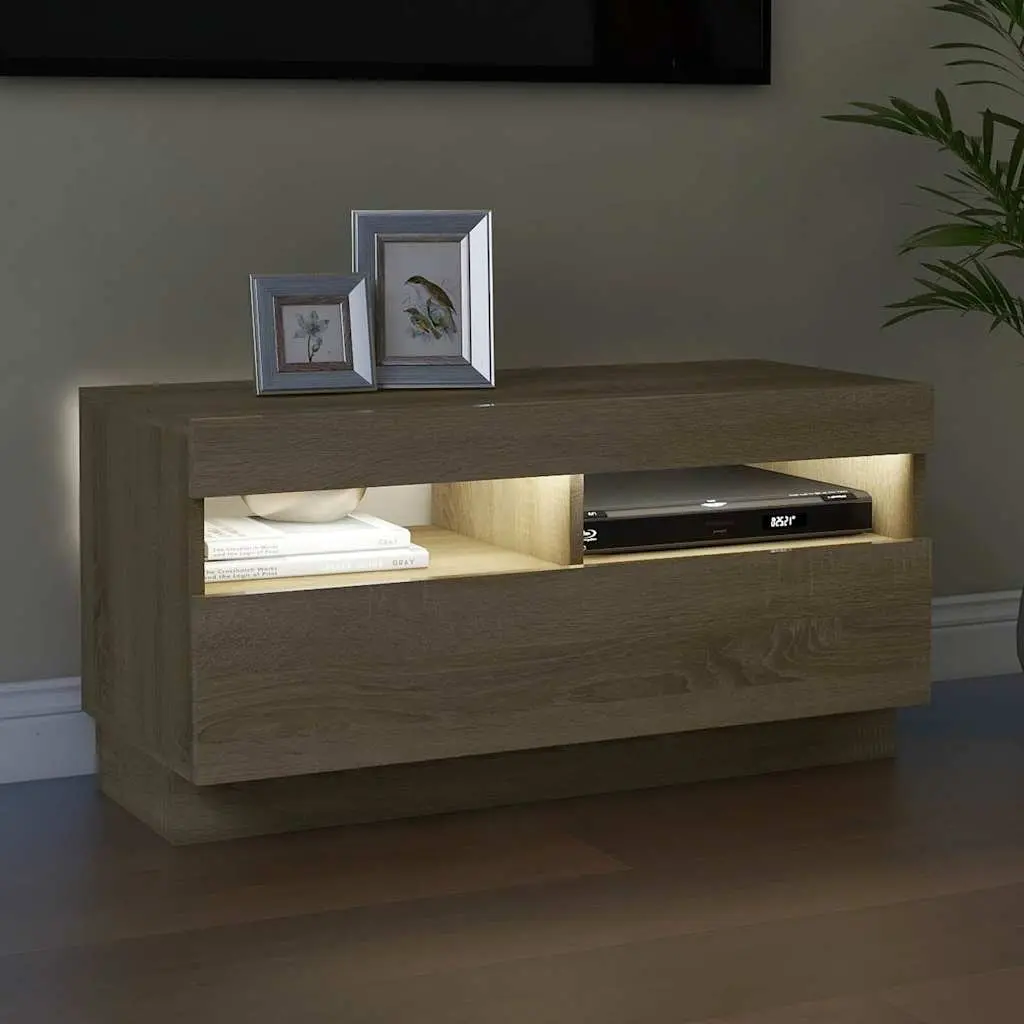 TV Cabinet RGB LED Lights Media Entertainment Stand Brown Wooden Storage 80 x 35 x 40 cm