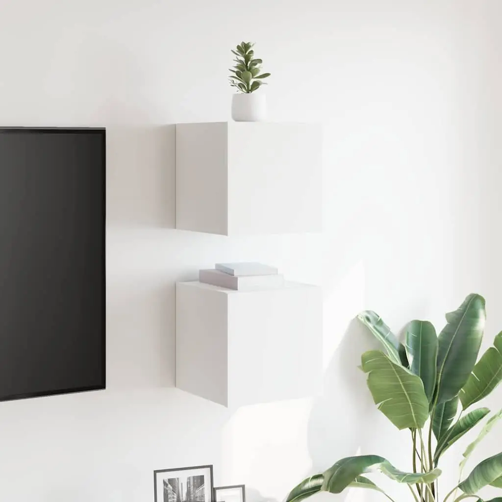 Wall Mounted TV Cabinet Set 2 Pieces White Storage Unit Floating Shelf