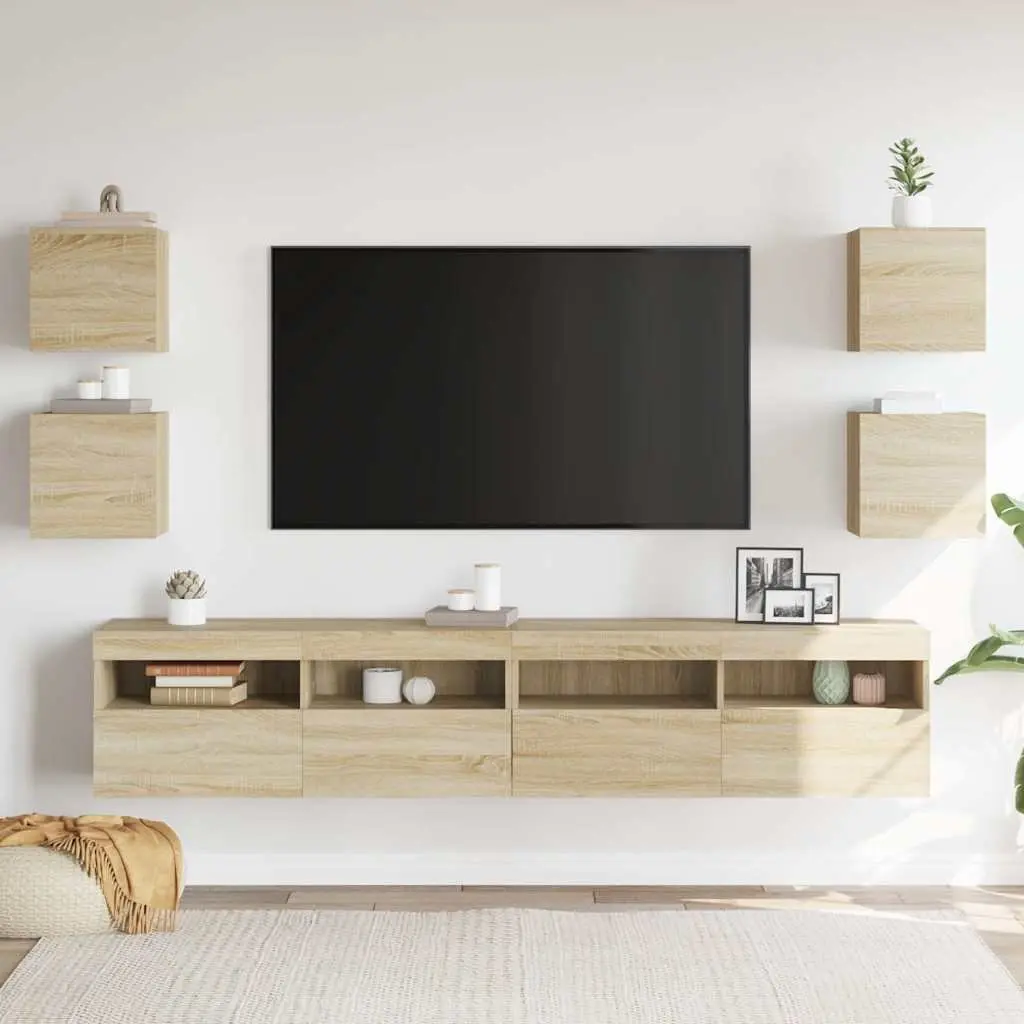 Wall Mount Storage Cabinet Set 4 Pieces for TV Sonoma Oak Large Compartment