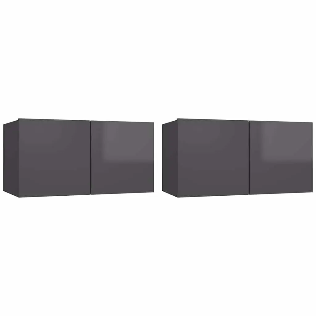 Wall Mounted TV Cabinet Set 2 Piece High Gloss Grey Storage Unit Living Room