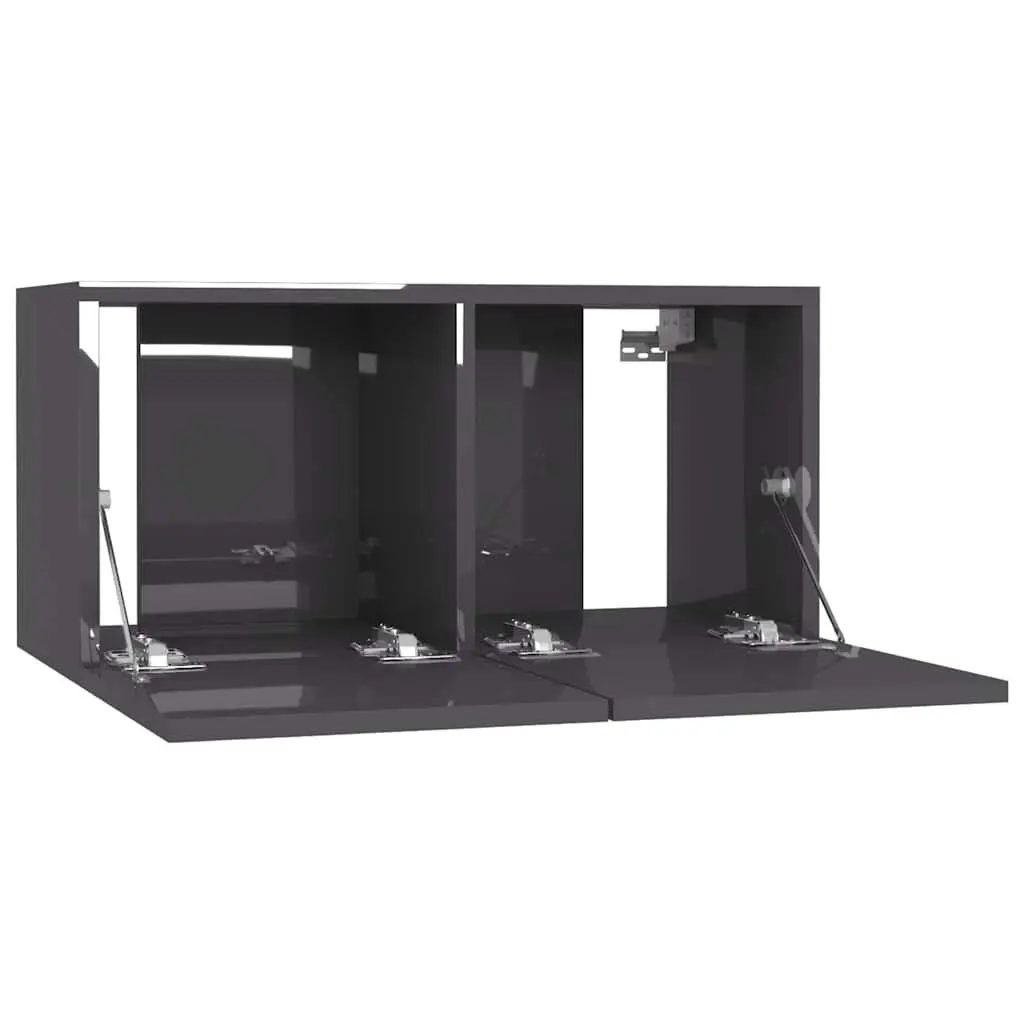 Wall Mounted TV Cabinet Set 2 Piece High Gloss Grey Storage Unit Living Room