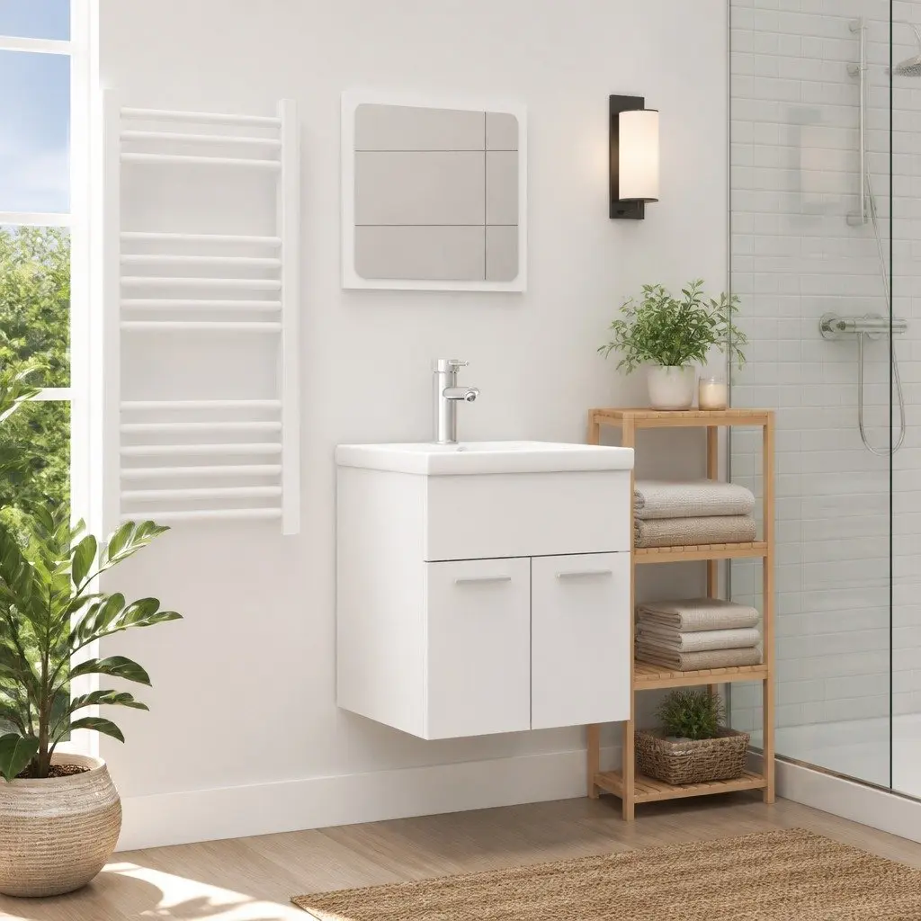 Bathroom Furniture Set Storage 2 Piece White Engineered Wood Cabinet Mirror